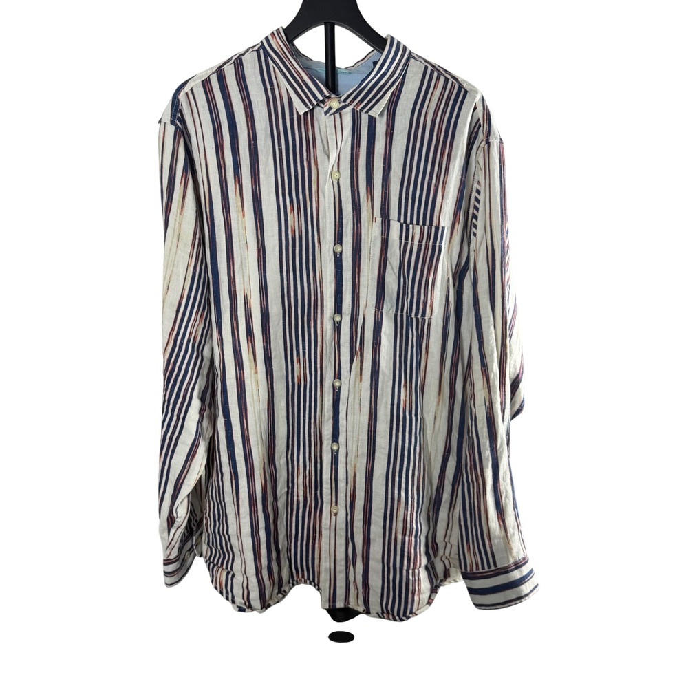 Tommy Bahama Mens XLT 100% Linen Ikat Stripe Long Sleeve Button Up Shirt Blue